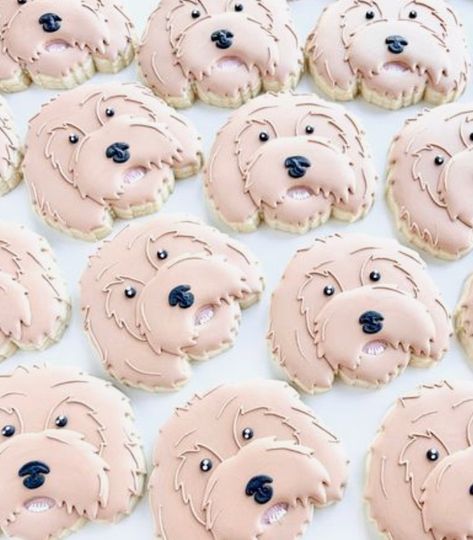 Puppy Cookies, Boston Terrior, First Birthday Cookies, Golden Doodle Dog, Sugar Cookie Designs, Dog Cakes, Dog Birthday Party, Golden Doodle, Cat Cake