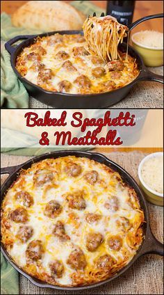 Baked Spaghetti & Meatballs www.joyineveryseason.com?utm_content=bufferccd8d&utm_medium=social&utm_source=pinterest.com&utm_campaign=buffer Baked Spaghetti Meatballs, Baked Spaghetti And Meatballs, Resep Pasta, Spaghetti Meatballs, Cast Iron Recipes, Baked Spaghetti, God Mat, Spaghetti And Meatballs, Cast Iron Cooking