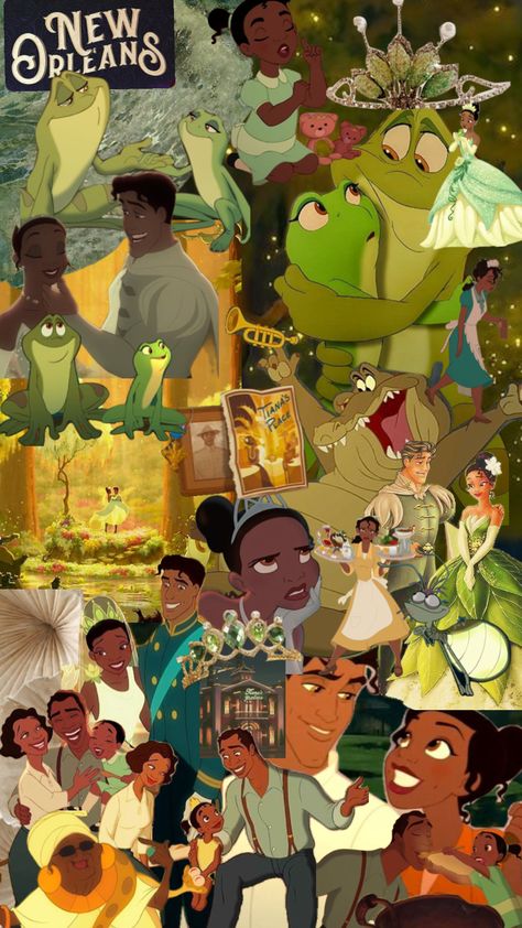 Princess And The Frog Collage, Frog Collage, Black Disney Princess, Tiana Disney, Tiana And Naveen, Princesa Tiana, Disney Princess Tiana, Disney Characters Wallpaper, Frog Wallpaper