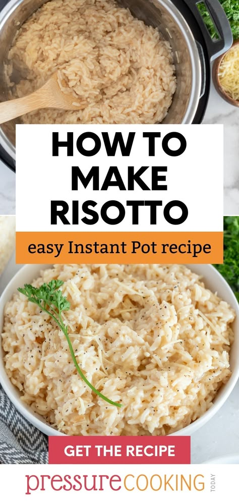 A picture collage featuring an overhead picture of risotto cooked in an Instant Pot on top, and a white bowl with classic risotto topped with a sprig of parsley on top. via @PressureCook2da Instant Pot Risotto, Easy Risotto, White Wine Chicken, Wine Chicken, How To Make Risotto, Cheap Clean Eating, Fontina Cheese, Rice White, Instant Pot Meals