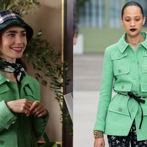 Emily in Paris Outfits on Instagram: "October 2nd, 2020: @lilyjcollins as Emily Cooper in @emilyinparis Season 1, Episode 5 ‘Faux Amis’ 💚

Emily is wearing:

Jacket: @chanelofficial Green cotton tweed jacket
Price: $6,195.00 USD

Hat: @kangol Plaid on Plaid Bucket Hat
Price: $44.95 USD

Skirt: @brandymelvilleusa Cara Skirt 
Price: $47.00 USD 

Bag: @staud.clothing Mini Bissett Bag in Green 
Price: $325.00 USD

Shoes: @louboutinworld So Kate Collage Patent Red Booties 
Price: $1,095.00 USD

📸 All images belong to their respective owners

#emilyinparis #emilyinparisoutfits #lilycollins #chanel #brandymelville #kangol #staud #christianlouboutin" Emilyinparis Outfits, Wearing Jacket, Cara Skirt, Emily Cooper, Emily In Paris Outfits, Plaid Bucket Hat, Red Booties, So Kate, Paris Outfits