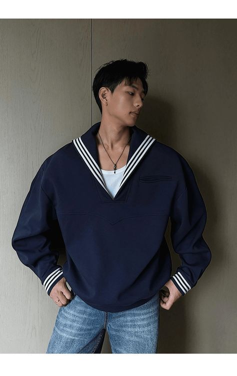 This sweatshirt features a double-layer composite fabric, offering a soft feel while maintaining a structured silhouette. The drop-shoulder design with a unique sailor collar instantly adds a collegiate vibe to the overall look. The navy base is easy to style - pair it with a white T-shirt and blue jeans for a relaxed layered effect. Fabric Composition: 81% Cotton, 9% Polyester (Note: The fabric composition information provided seems incomplete and may need verification). Model's measurements: H Men’s Nautical Outfit, Sailor Inspired Outfit Men, Vintage Sailor Outfit Men, Male Sailor Outfit, Nautical Fashion Men's, Sailor Costume Men, Sailor Outfit Mens, Nautical Fashion Men, Sailor Clothes