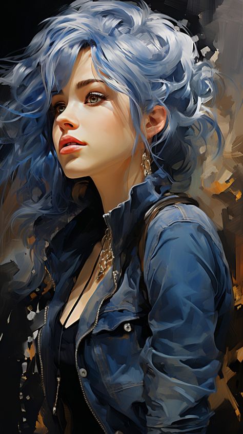 Fashiongirl Painting wearing Denim, blue Hair (AI) Midjourney Blue Hair Female, Denim Blue Hair, Woman With Blue Hair, Short Blue Hair, Anime References, Blue Haired Girl, Character Face, Female Character Concept, Curly Hair Women