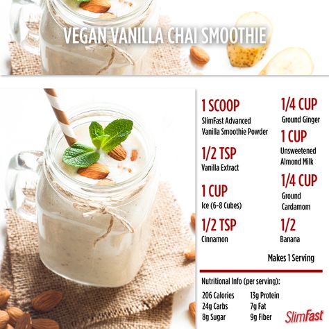 Add a little spice to your shake recipe! SlimFast | Smoothie | Recipe Vanilla Slimfast Shake Recipes, Slimfast Shake Recipes, Slim Fast Smoothie Recipes, Slimfast Diet, Vanilla Chai Smoothie, Slimfast Recipes, Slim Fast Diet Plan, Smoothie Protein, Breakfast Drinks