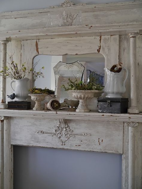 Shabby Chic Fireplace, Mantle Decorating Ideas, Spring Mantel Decorating Ideas, Mantle Decorating, Vintage Mantle, Mantel Decorating Ideas, Mantel Decorating, Fireplace Mantel Decor, Faux Fireplace