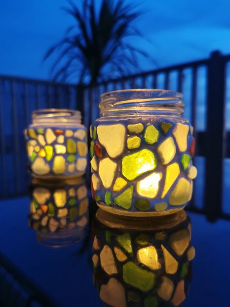 Colourful Sea Glass Mosaic Jar Tealight Holder - Etsy UK Beach Glass Ideas, Sea Glass Coasters, Sea Glass Crafts Diy, Sea Glass Lamp, Sea Glass Candle Holder, Sea Glass Candles, Glass Crafts Diy, Sea Glass Art Diy, Sea Glass Mosaic