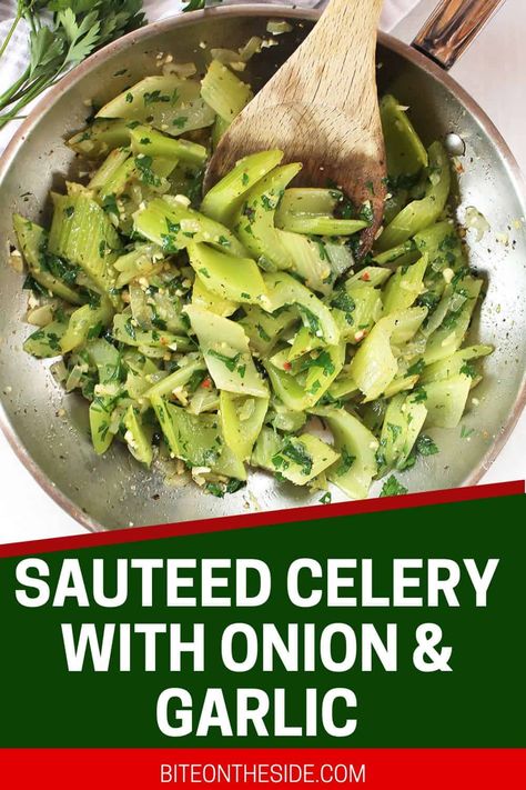 Quick and easy to make, celery is sautéed with onions and garlic before being braised so that it is wonderfully flavorful and tender, with just the right amount of crunch. This healthy savory side dish recipe is a great way to make the most out of leftover celery in your fridge, and it's so versatile! Leftover Celery, Celery Recipes, Onion Recipes, Veggie Side Dishes, 140 Pounds, Vegetable Sides, Veggie Sides, Veggie Dishes, Vegetable Side Dishes