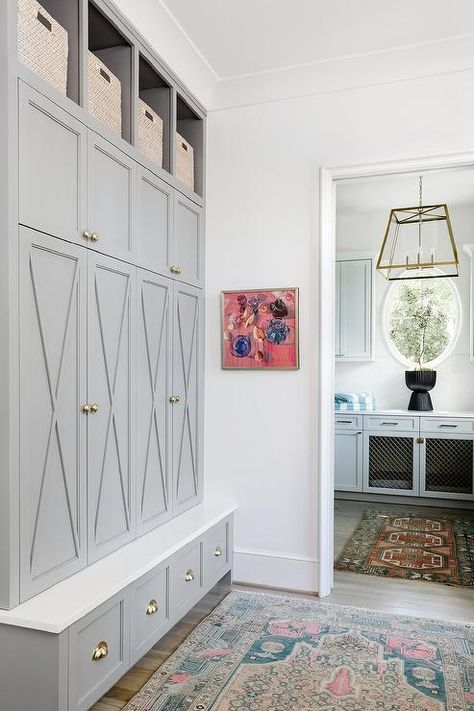 Blue Gray Mudroom Cabinets, Gray Mudroom, Contemporary Mudroom, Mudroom Paint, Mudroom Cabinetry, Dark Stained Wood Floors, Mudroom Paint Color, Mudroom Inspiration, Grey Storage Bench