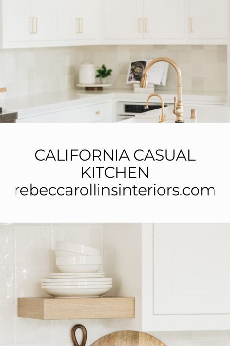 California Kitchen. California Casual Design. White Kitchen. Brass accents. Open Shelving. Quartz Counter Tops. Coastal Casual Kitchen, California Casual Kitchen Ideas, California Coastal Kitchen Design, California Casual Interior Design Kitchen, California Kitchen Style, California Casual Kitchen, California Coastal Kitchen, California Casual Interior Design, California Modern Interior