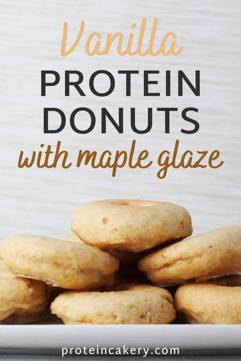 Perfect to satisfy your donut cravings, these Vanilla Protein Donuts with Maple Glaze are easy to make, high protein, and gluten free! They make a great protein snack or dessert. Healthy Maple Glaze, Vanilla Protein Powder Recipes, High Protein Donuts, Recipes With Protein Powder, High Protein Dessert Recipes, Easy Protein Snacks, Protein Donuts Recipe, Protein Cakes, Protein Snacks Recipes