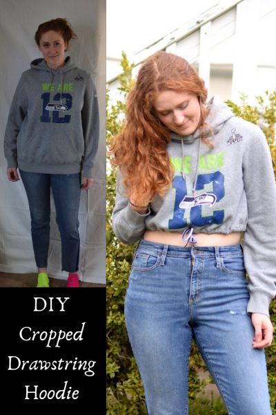 Cropped hoodie with drawstring waist DIY - Adopt Your Clothes Upcycle A Hoodie, Diy Cropped Hoodie, Clothing Repurpose, Goodwill Thrifting, Thrift Store Diy Clothes, T Shirt Remake, Diy Crop Top, Upcycling Clothes, Clothing Upcycle