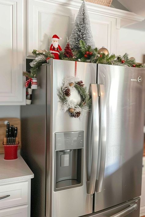 10 Eye-Catching Fridge Top Decor Ideas to Upgrade Your Kitchen Aesthetics - Home Made Graceful Decor Above Fridge, Top Of Fridge Decor Ideas, Top Of Fridge Decor, Fridge Top Decor Ideas, Fridge Top Decor, Kitchen Xmas Decor, Top Decor Ideas, Christmas Stairs Decorations, Cozy Holiday Decor