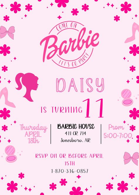 Barbie Birthday Party Invite, Barbie Theme Birthday Invitation, Birthday Invitations Barbie, Barbie Invitations Birthday Templates, Invitation Card Design Barbie, Barbie Birthday Party Ideas Decoration, Barbie Birthday Party Invitations Digital Art, Barbie Invitation, Barbie Birthday Invitations