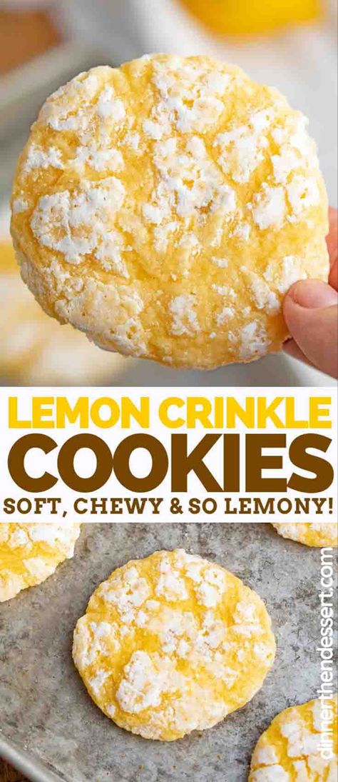 Lemon Cookies flavored with fresh lemon juice and lemon zest are soft, sweet, and PERFECT for making ahead of time and pulling out when you need them! #cookies #lemon #lemoncookies #crinklecookies #christmas #fromscratch #dinnerthendessert #dessert Cookies Lemon, Flourless Peanut Butter Cookies, Dinner Then Dessert, Lemon Crinkle Cookies, Lemon Cookies Recipes, Lemon Dessert Recipes, Cookie Flavors, Crinkle Cookies, Lemon Cookies