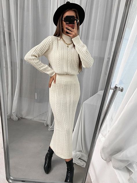 Free Returns ✓ Free Shipping On Orders $49+ ✓. Cable Knit Mock Neck Sweater With Knit Skirt- Women Sweater Co-ords at SHEIN. Plain Skirt, Stand Collar Top, Knit Midi Skirt, Long Sleeve Knit Dress, Black Long Sleeve Dress, Long Black Dress, Knit Midi, Mock Neck Sweater, Inspiration Mode