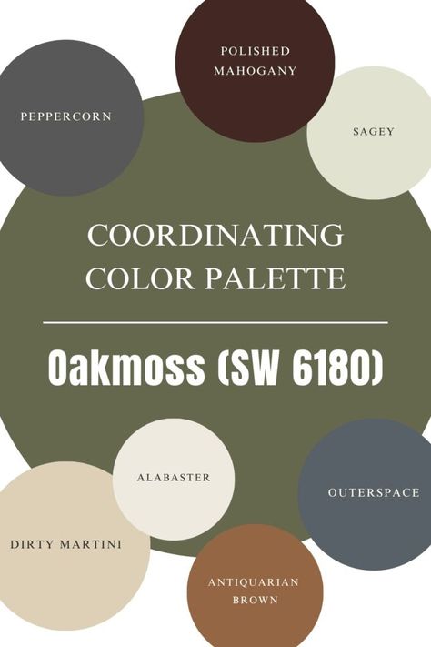 Sherwin Williams Oakmoss - the perfect earthy green paint color for your home. Check out the complete paint color review! Sherwin Williams Oakmoss Exterior, Sherwin Williams Oak Moss Paint, Oakmoss Sherwin Williams Cabinets, Sw Oakmoss Paint, Sherwin Williams Vanity Paint Colors, Oak Moss Sherwin Williams, Sw Oakmoss, Oakmoss Sherwin Williams, Sherwin Williams Oakmoss