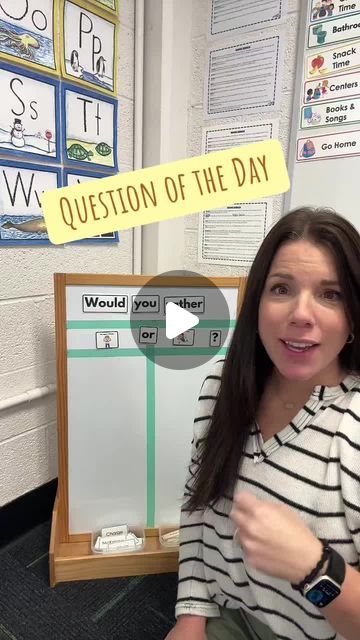 Preschool Vibes on Instagram: "Here’s how I take attendance while teaching key skills like concepts of print, phonemic awareness, name recognition, and math—all in a simple two-minute daily activity! This is our Question of the Day, and right now, we’re doing fun “Would You Rather” questions. The kids have practiced enough to point to the words, recognizing “Would you rather” and using the pictures to make their choice. It’s a quick, engaging way to build multiple skills at once! Want to try it in your classroom? You can find this resource on my website: PreschoolVibes.com!#Inverted" Question Of The Day Kindergarten, Question Of The Day Preschool, 3k Classroom, Preschool Vibes, Time Centers, Concepts Of Print, Print Awareness, All About Me Preschool, Rather Questions