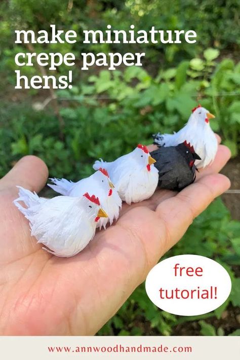 Mini Paper Hens Chickens Diy Crafts, Miniature Paper Flowers Diy, Ann Wood Handmade, Handmade Miniatures Ideas, Wood Pieces Crafts, Ann Wood, Chicken Crafts, Paper Streamers, Paper Birds