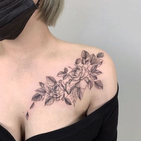 Vine Shoulder Chest Tattoo, Collarbone Chest Tattoos For Women, Chest Tattoo Inspiration, Wildflower Chest Tattoo Female, Female Tattoos Shoulder, Big Collar Bone Tattoo, Left Chest Tattoo Female, Unique Collar Bone Tattoo, Shoulder To Chest Tattoo Female