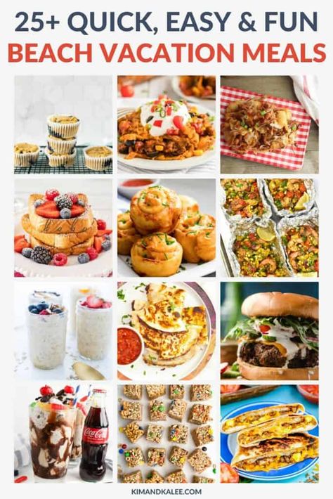 Quick & Easy Beach Vacation Meals - 25 simple and fun meals for your family's summer trip to a beach condo rental! Includes a 7-day meal plan with breakfast, lunch, dinner, snacks, and dessert recipes #beachvacation #vacationmeals Vacation Dinner Ideas, Family Vacation Meals, Beach Vacation Meals, Easy Vacation Meals, Vacation Meal Planning, Fun Meals, Beach Vacation Spots, Vacation Dinner, Road Trip Food