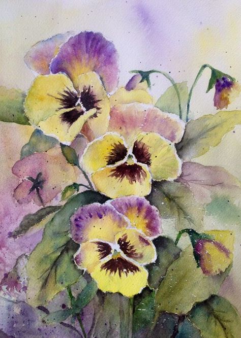 yellow pansies - Mahjabin - Paintings & Prints, Flowers, Plants, & Trees, Flowers, Flowers I-Z, Pansy - ArtPal Watercolor Flower Art, Watercolor Flowers Paintings, Creative Painting, Watercolor Inspiration, Botanical Flowers, Floral Botanical, Botanical Art, Pansies, Watercolour Painting