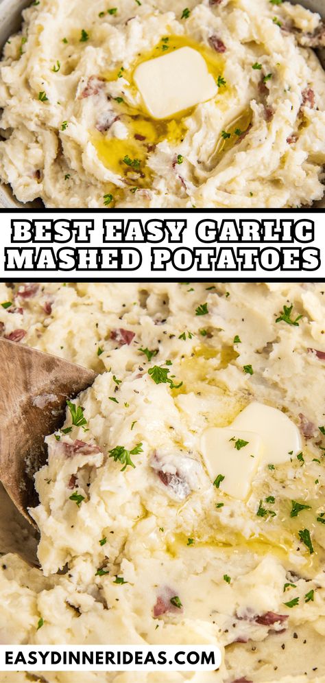 These decadent Garlic Mashed Potatoes are the ultimate creamy and garlicky side dish. Loaded with sour cream and heavy cream for richness, and finished with just the right amount of garlic, you will definitely want seconds! Creamy Garlic Mashed Potatoes, Make Ahead Mashed Potatoes, Creamy Mashed Potatoes Recipe, Garlic Mashed Potatoes Recipe, Best Mashed Potatoes, Creamy Mash, Easy Potato Recipes, Garlic Mashed Potatoes, Mashed Potato Recipes