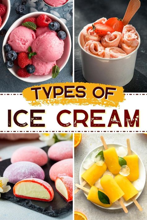 These different types of ice cream are sure to cool you off any time! From gelato to sherbet to soft serve, you'll love each tempting variety. Types Of Ice Cream, Types Of Ice, Ice Popsicle, Mochi Ice Cream, Cold Treats, Italian Ice, Japanese Dessert, Frozen Treat, Indian Desserts