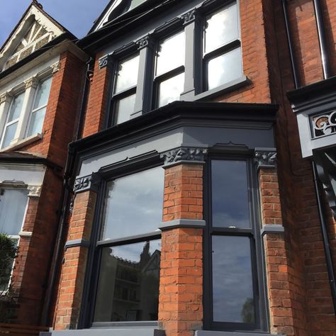 UPVC Sash Windows Enfield | Double glazed sash windows Grey Window Frames, Upvc Sash Windows, Terrace House Exterior, Double Glazed Sash Windows, Victorian Homes Exterior, Glazed Windows, Dark Windows, Victorian Terrace House, Victorian Townhouse