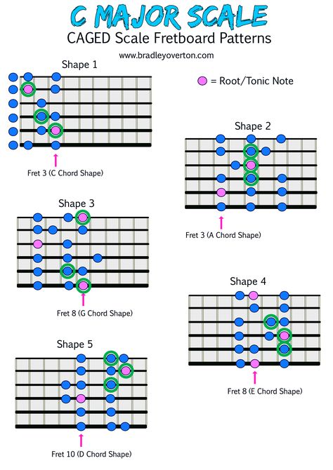 C Major CAGED SHAPES  ✅ 5 Shapes  ✅ Root Chord indicated   Although I don't strongly advise using the CAGED shapes solely to learn the neck, the CAGED system has become a popular method used by many guitar teachers, especially on YouTube.   Either way, here is my attempt at helping you demystify the CAGED patterns.    #guitarlesson #guitarskills #guitarmusictheory #guitarislife #learnguitaronline #easyguitar Caged System, Guitar Chords And Scales, Music Theory Guitar, Key Signatures, Pentatonic Scale, Guitar Fretboard, Ayurvedic Healing, Guitar Teacher, Guitar Scales