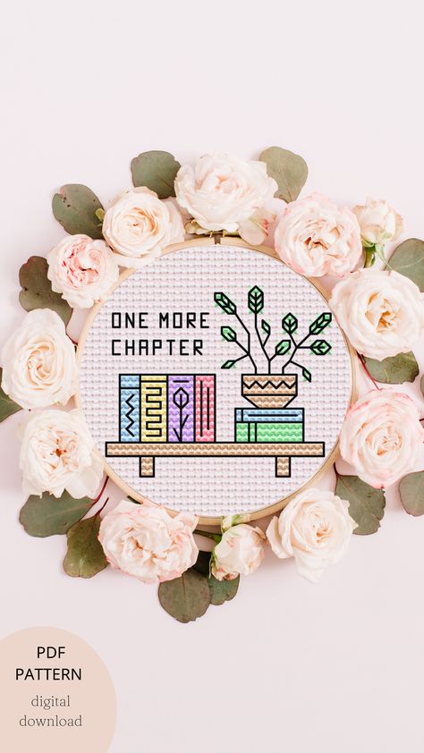 Digital cross stitch pattern featuring a book shelf with pastel books on - backstitch design on spines and a plant one with a saying "One more chapter" Book Cross Stitch Pattern Free, Books Cross Stitch Pattern, Bookish Cross Stitch Patterns, Bookish Cross Stitch, Book Cross Stitch Pattern, Book Cross Stitch, Books Cross Stitch, Granny Style, Stitch Gift