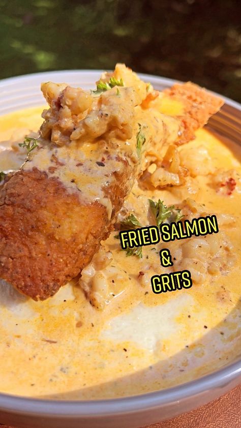 Salmon With Lobster Sauce, Salmon And Grits Recipes, Salmon Grits, Salmon And Grits, Deep Fried Salmon, Salmon With Cream Sauce, Birthday Dinner Recipes, Lobster Cream Sauce, Grits Breakfast