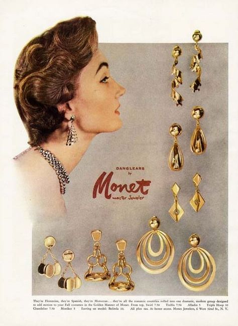 1953 Monet ad 'Danglears' identification resource www.rubylane.com @rubylanecom Jewelry History, Jewelry Advertisement, Jewellery Advertising, Jewelry Advertising, Patti Hansen, 1970s Jewelry, 1950s Jewelry, Earrings Funky, Lauren Hutton