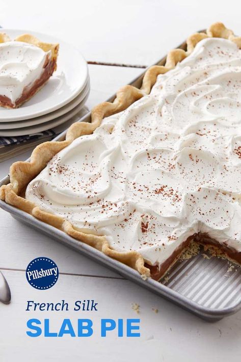 Make pie night memorable with this slab that serves a crowd! Decadent chocolate filling and whipped topping make for a delicious dessert everyone will adore. Pie Night, Slab Pie Recipes, Chocolate Slabs, Slab Pie, Chocolate Pie Recipes, Thanksgiving Food Desserts, Chocolate Pie, Desserts For A Crowd, French Silk