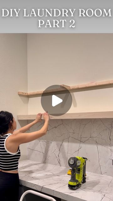 Leyla | DIY & Home Decor on Instagram: "DIY LAUNDRY ROOM: Progress Pt. 2. You didn’t think I was going to stop with the marble laminate for just the countertop, did you? 😉   We’re taking this stunning laminate all the way up as the backsplash, too @formicagroup   Now I just need to decide on a stain color for the shelves, and hardware for the cabinet fronts and hoping to get this wrapped up next week! . . . #laminatecounterops #formica #formicalivingimpressions #diylaundryroom #2024LivingImpressions" Formica Countertops And Backsplash, Countertop Wrapping, Formica Laminate Countertops, Laundry Room Backsplash, Marble Laminate, Diy Laundry Room, Formica Laminate, Formica Countertops, Cabinet Fronts