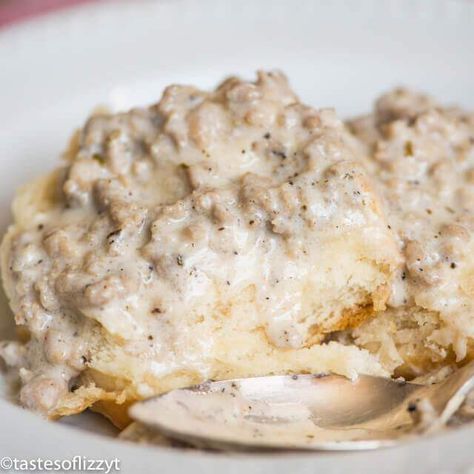 Gather the family around the breakfast table with these homemade biscuits and gravy. A savory, freshly seasoned sausage gravy recipe with ground pork. Homemade Biscuits And Gravy, Breakfast Gravy, Homemade Gravy For Biscuits, Italian Gravy, Homemade Sausage Gravy, Easy Gravy Recipe, Easy Homemade Biscuits, Sausage Gravy And Biscuits, Sausage Gravy Recipe