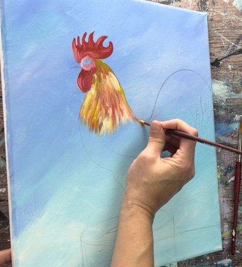 How To Paint A Chicken Step By Step, How To Paint A Rooster With Acrylics, Paintings Of Roosters Acrylics, Rooster Painting Acrylic Easy Tutorial, Hen Painting Chicken Art, Acrylic Painting Chicken, Paintings Of Chickens And Roosters, Drawing A Rooster, Painted Roosters On Wood