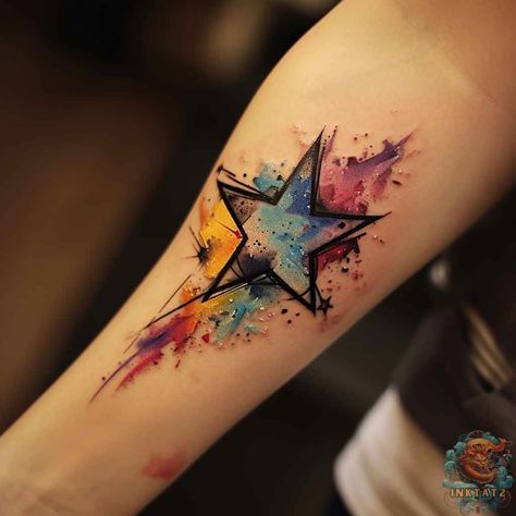 Star tattoo ideas symbolize guidance and dreams through celestial body art. These cosmic designs range from simple five-pointed stars to intricate constellations. Popular star tattoo concepts include shooting stars, star clusters, and zodiac symbols. Star ink styles vary from minimalist outlines to detailed, colorful pieces. Tattoos with stars can represent hope, ambition, and personal aspirations, often incorporating elements like moons or galaxies. Colorful Star Tattoos, Tattoos With Stars, Shooting Star Tattoos, Star Tattoo Ideas, Black Star Tattoo, Star Foot Tattoos, Orion Tattoo, Watercolor Galaxy Tattoo, Star Tattoos For Men