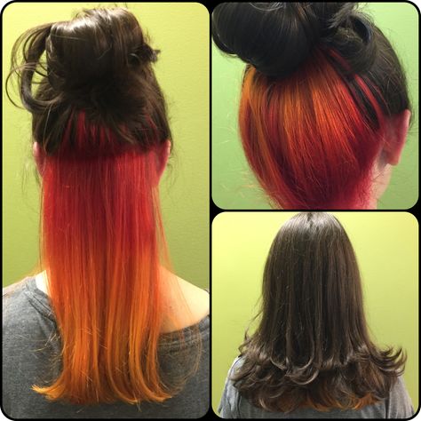 Fire inspired hair. Peek-a-boo Red to Orange to Yellow color melt. Bright Pravana Vivids Ombre hair color. Sunset hair.  Hair done by Mindy Hardy Blue Peekaboo, Hidden Hair Color, Peekaboo Hair Colors, Underlights Hair, Sunset Hair, Color Melt, Fire Hair, Hair Color Underneath, Peekaboo Hair