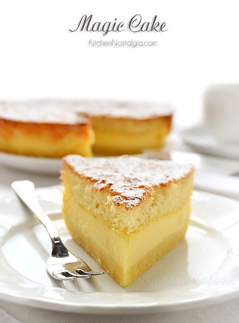 Magic Cake - 1 batter during baking magically separates into 3 layers: dense on the bottom, custard in the middle, sponge on top Kitchen Nostalgia, Magic Custard Cake, Torte Cupcake, Custard Cake, Magic Cake, Piece Of Cake, Food Cakes, Let Them Eat Cake, 3 Layers