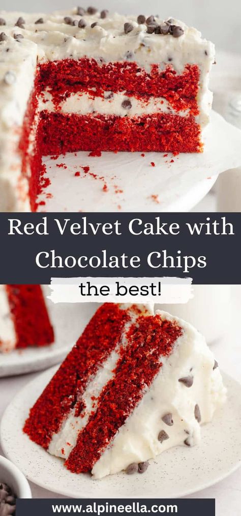 The Best Red Velvet Cake with Chocolate Chips Red Velvet Cake Frosting, Red Velvet Cake Recipe Easy, Matilda Chocolate Cake, Cake With Chocolate Chips, Chocolate Chip Cake Recipe, Chocolate Snack Cake, Best Red Velvet Cake, Red Velvet Cake Recipe, Velvet Cake Recipes