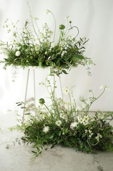 Blooming Branches Wedding, Window Floral Arrangements, Ceremony Ground Arrangements, Fern Wedding Florals, Floral Altar Arrangement, Magnolia Tree Wedding, Fern Wedding Flowers, Greenery Heavy Wedding, Small Floral Arrangements Wedding