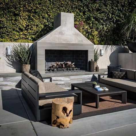 Structural Plants, Concrete Outdoor Fireplace, Ranch Style Homes Exterior, Outdoor Fireplace Brick, Rustic Outdoor Fireplaces, Modern Outdoor Fireplace, Landscape Installation, Outside Fireplace, Outdoor Fireplace Designs