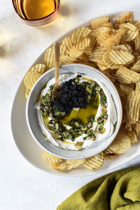 Charred Scallion Labneh Dip with Caviar Chips And Caviar, Caviar Serving Ideas, Caviar Presentation, Sour Cream And Onion Dip, How To Serve Caviar, Oyster Chowder, Labneh Dip, Caviar Dip, Caviar Appetizers