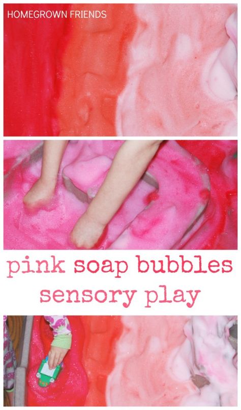 Shades of Pink Soap Bubbles Sensory Play is perfect for Valentine's Day או לטו באב הבעל"ט Color Sensory Bin, Valentine Sensory, Sensory Play Activities, Invitations To Play, Valentines Theme, Pink Soap, Cloud Dough, Preschool Colors, Sensory Ideas