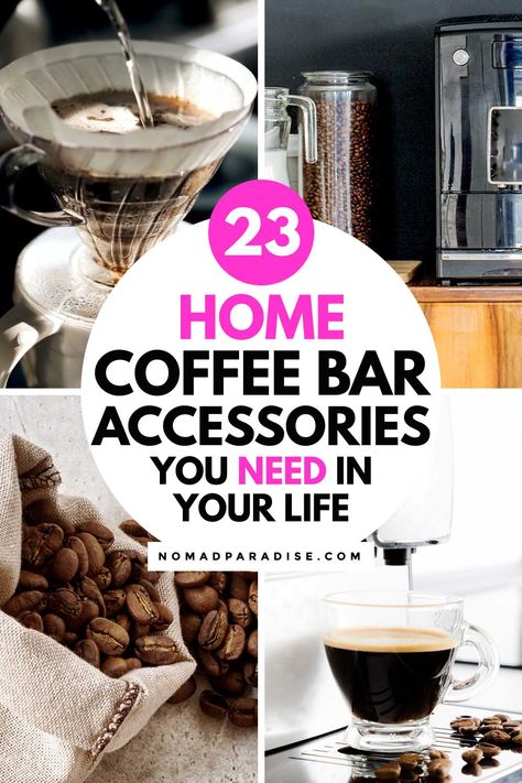 Home coffee bar accessories: 23 coffee gadgets, essentials, and other cool products for the perfect home coffee bar setup. #homecoffeebar #nomadparadise How To Set Up A Coffee Bar, Nespresso Coffee Bar Ideas, Coffee Bar Setup, Coffee Bar Essentials, Coffee Gadgets, Office Coffee Station, Home Coffee Station, Bar Gadgets, Cocoa Station