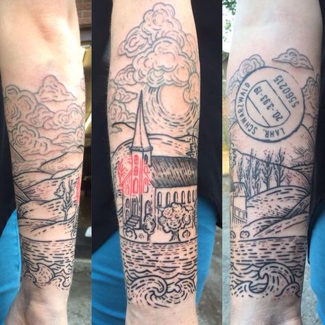 Woodblock / Etching style custom tattoo of St Mary's Church in Mabou, Cape Breton.  Done by Jo at Ink-Tegrity Tattoo Studio in Kingston, ON Breton Tattoo, Cape Breton, Saint Mary, Custom Tattoo, Kingston, Tattoo Studio, I Tattoo, Etching, Tattoo Artists