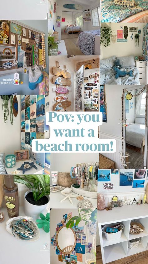 Beach Decor Bedroom Coastal Style, Surfer Room Inspiration, How To Make Your Room Beachy, Beachy Themed Room, Beach Core Bedroom, Diy Beach Bedroom Decor, Subtle Beach Theme Bedroom, Cute Beach Bedroom Ideas, Colorful Beach Room