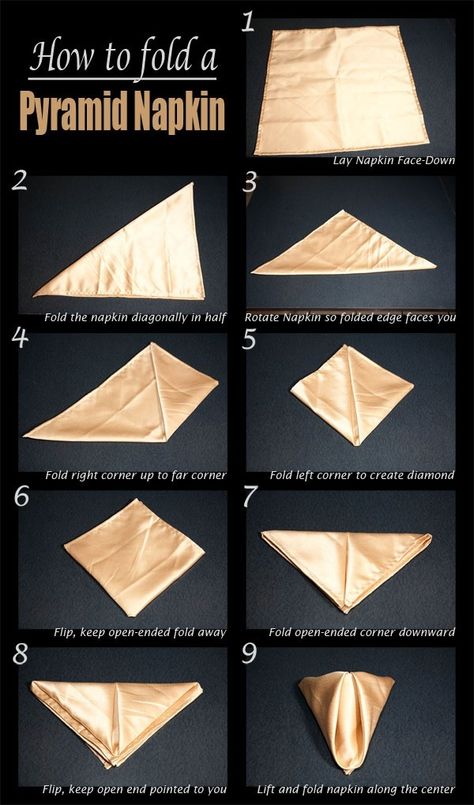 Napkins are a great way to add color and style to a table.    DIY Pyramid Napkin Fold DIY Pyramid Napkin Fold Diy Pyramid, Diy Napkin Folding, Napkin Folding Tutorial, Fancy Napkin Folding, Origami Home Decor, Cloth Napkin Folding, Creative Napkins, Origami Decoration, Deco Table Noel