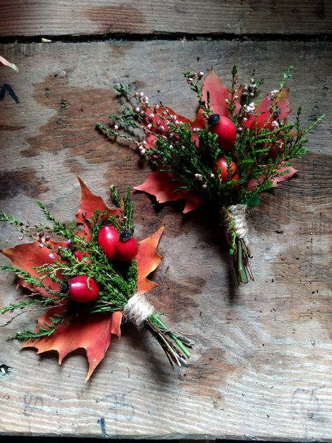 boutonniere of red leaves and red rose hips, autumn wedding Maple Leaf Bouquet, Autumn Wedding Boutonniere, Maple Leaf Wedding Decor, Christmas Wedding Boutonniere, Red Flower Lapel Pin For Wedding, Hip Wedding, Red Leaves, Maple Leafs, October Wedding