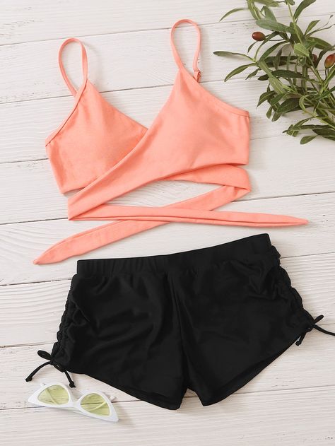 Wrap Drawstring Shorts Bikini Swimsuit | SHEIN USA Shein Swimwear, Swimsuit Shein, Swimwear Shorts, Cute Simple Outfits, Cute Summer Outfits, Dresses For Teens, Drawstring Shorts, Simple Outfits